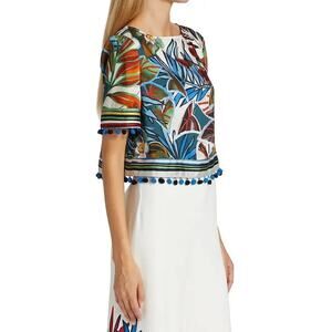 BADGLEY MISCHKA Floral Pom-Pom Trim Top Blue Multi Size Small